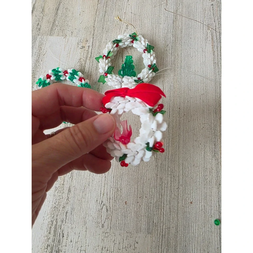 Vintage beaded wreath bird candle ornament Xmas tree